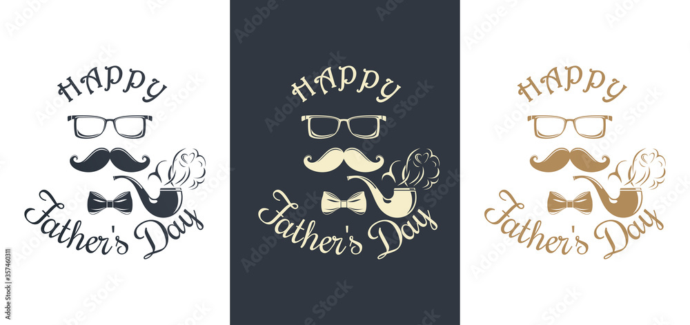 Set Fathers Day card. Pipe, mustache, glasses, bow tie and greeting inscription - Happy Fathers Day. Vector illustration Set Fathers Day card. Pipe, mustache, glasses, bow tie and greeting inscription - Happy Fathers Day. Vector illustration
