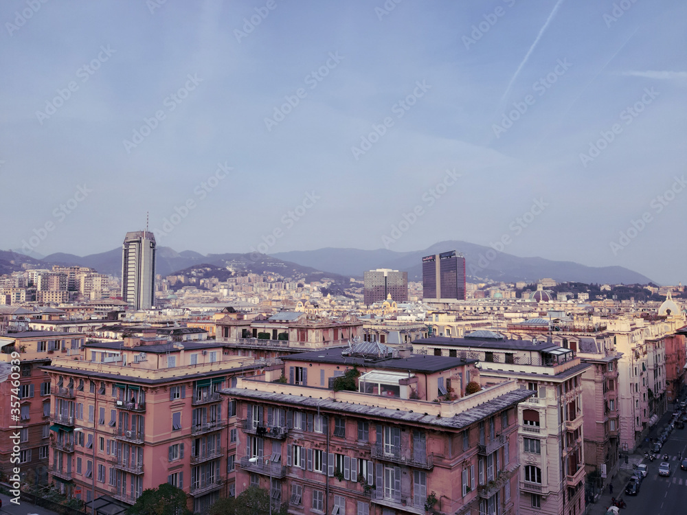 Genoa, Italy - 06/10/2020: Beautiful shots of the neighborhoods of Genoa in the summer, from the part close to the sea to the hinterland.
