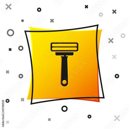Black Shaving razor icon isolated on white background. Yellow square button. Vector Illustration