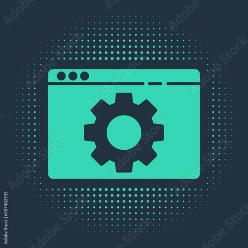 Green Browser setting icon isolated on blue background. Adjusting, service, maintenance, repair, fixing. Abstract circle random dots. Vector Illustration