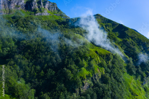 Spring landscape of mountains and meadows near the Portillo de Lunada in the Valle del Miera, Cantabria, Spain, Europe