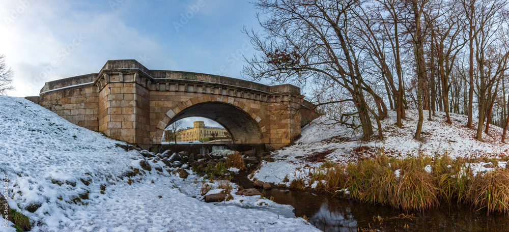 A view on to Gatchina Palace from under the bridge at the winter, Gatchina, Russia