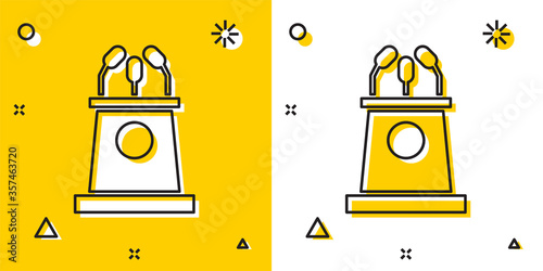Black Stage stand or debate podium rostrum icon isolated on yellow and white background. Conference speech tribune. Random dynamic shapes. Vector Illustration