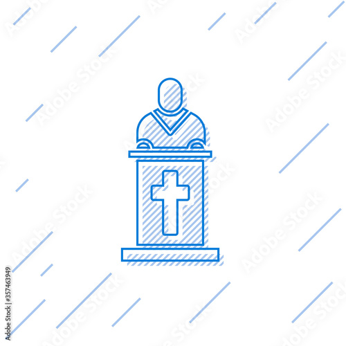 Blue line Church pastor preaching icon isolated on white background. Vector Illustration