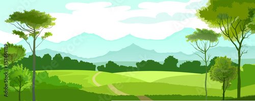 Fields, meadows and pastures. Rural landscape. Road through the hills. Graceful young trees. In the distance the mountain horizon. The sky with clouds.View of the plain.