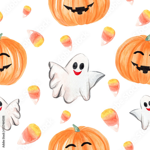 Fototapeta Naklejka Na Ścianę i Meble -  watercolor halloween ghost and pumpkins seamless pattern on white background for fabric, textile, wrapping, scrapbooking paper