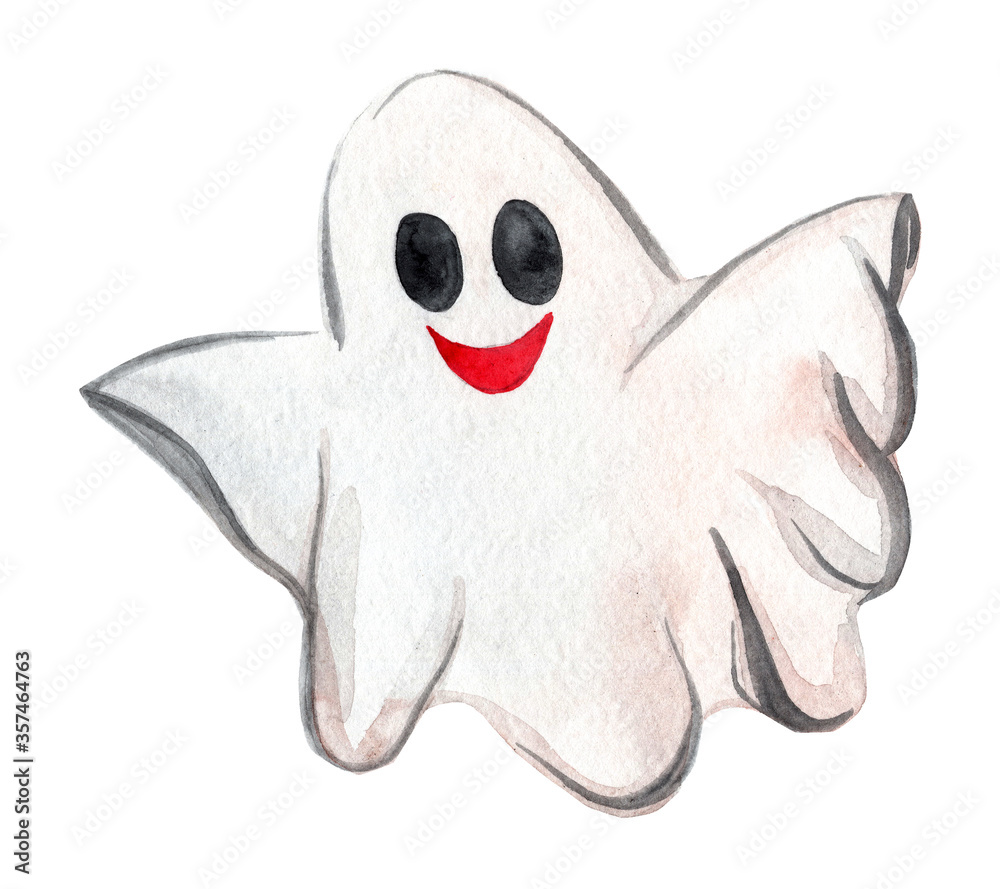 Fototapeta premium watercolor smiling flying white ghost isolated on white background 