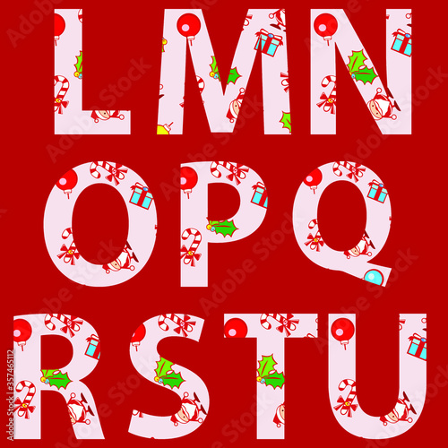 L M N O P Q R S T alphabets applied with Christmas items and Santa Claus pattern background vector