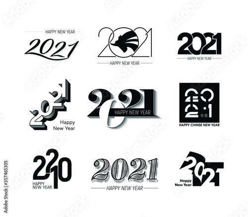 Big collection of 2021 Happy New Year signs. Set of 2021 Happy New Year symbols. Greeting card artwork, brochure template. Vector illustration with black holiday labels isolated on white background.