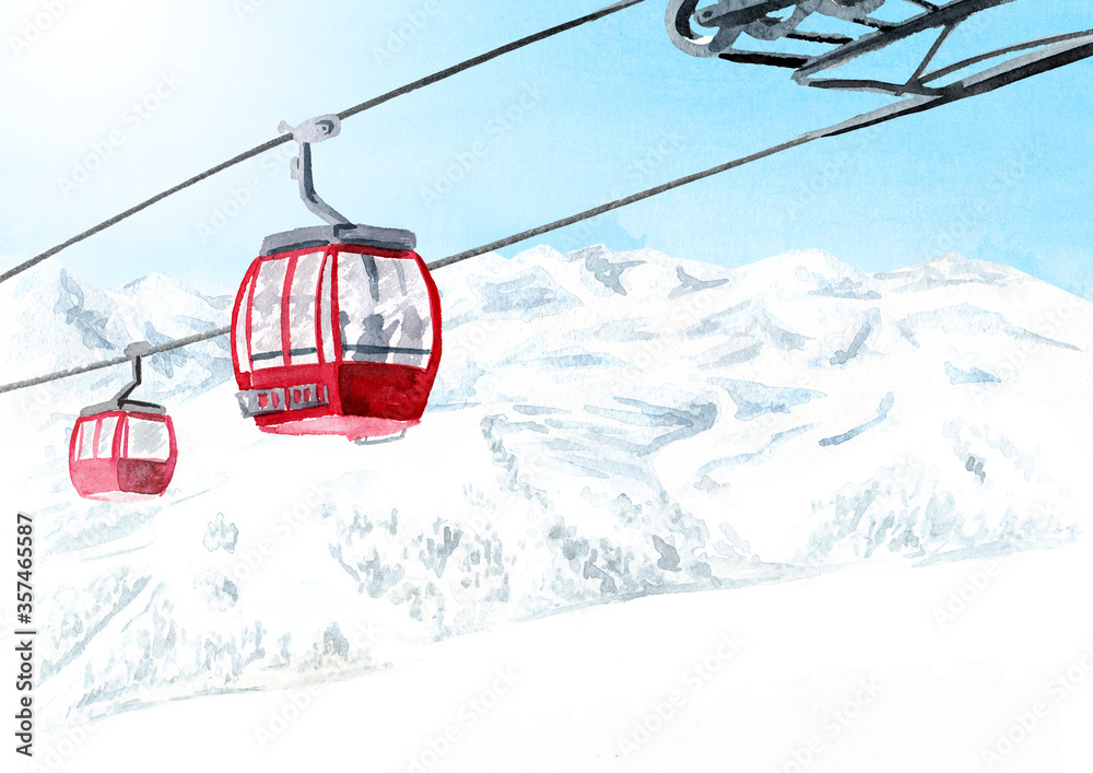 Cableway, funicular in the ski mountain resort, winter recreation and vacation concept. Hand drawn watercolor illustration and background Cableway, funicular in the ski mountain resort, winter recreation and vacation concept. Hand drawn watercolor illustration and background