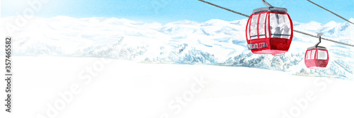Cableway, funicular in the ski mountain resort, winter recreation and vacation concept. Hand drawn watercolor illustration and panoramic background with copy space