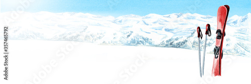 Ski accessories, poles and a pair of skis against a mountain landscape, winter recreation and vacation concept. Hand drawn panoramic watercolor illustration