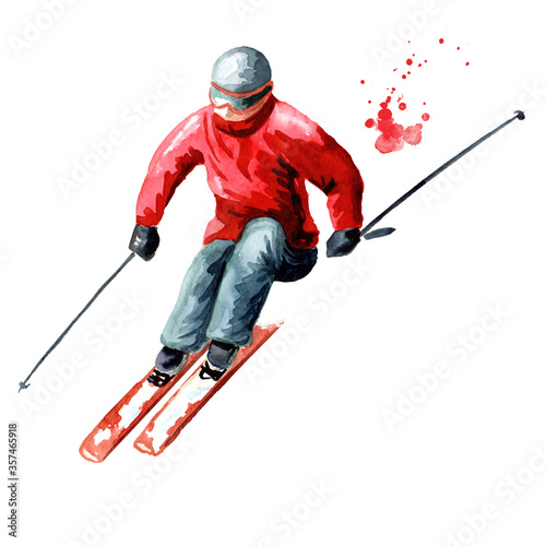 Skier, winter recreation and vacation concept. Hand drawn watercolor illustration isolated on white background