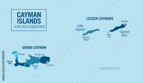 Cayman islands, United Kingdom. Detailed political map with isolated provinces, regions and cities, easy to ungroup. Vector illustration.