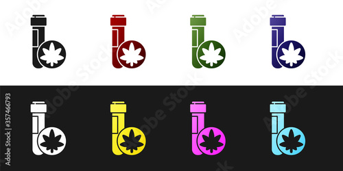 Set Chemical test tube with marijuana or cannabis leaf icon isolated on black and white background. Research concept. Laboratory CBD oil. Vector Illustration
