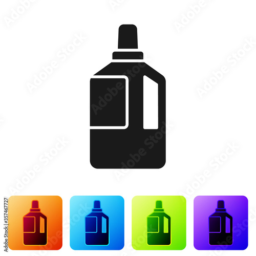 Black Fabric softener icon isolated on white background. Liquid laundry detergent, conditioner, cleaning agent, bleach. Set icons in color square buttons. Vector Illustration