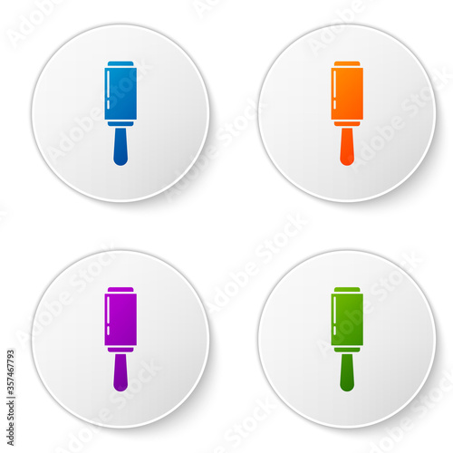 Color Adhesive roller for cleaning clothes icon isolated on white background. Getting rid of debris, dust, hair, fluff, pet wool. Set icons in circle buttons. Vector Illustration