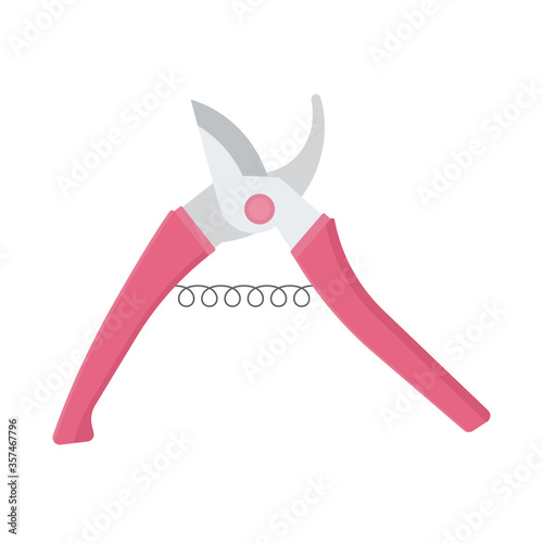 Open garden shears, secateurs with pink handles. Florist's tool. Vector stock flat illustration isolated on a white background.