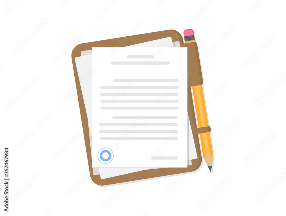 Documents with pen on a brown folder. Agreement. Contract with a seal. Flat style. Documents with pen on a brown folder. Agreement. Contract with a seal. Flat style.