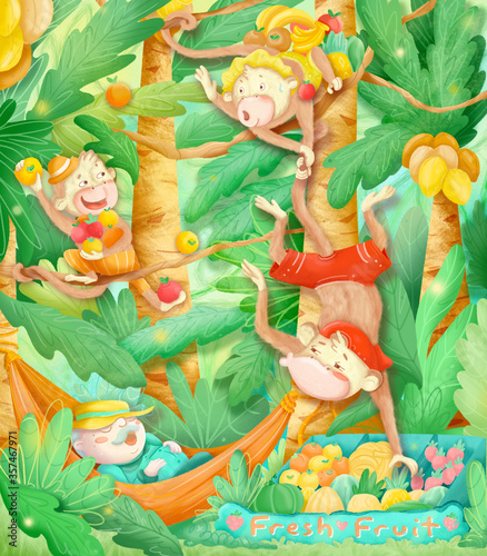 Digital illustration  Three monkeys in the jungle 