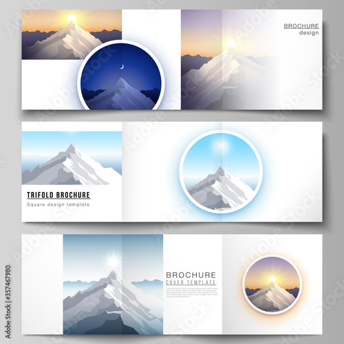 Minimal vector editable layout of square format covers design templates for trifold brochure, flyer, magazine. Mountain illustration, outdoor adventure. Travel concept background. Flat design vector.