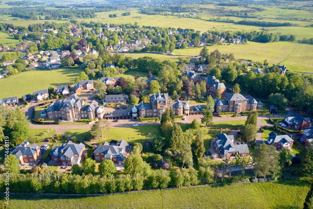 Quarriers Village countryside rural village aerial view from above in Renfrewshire Scotland