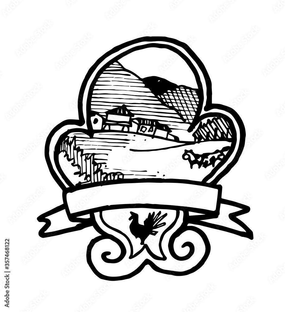 Isolated shield with a rural landscape with a rooster, shields and mountains. Sketch black and white hand drawn vector illustration.