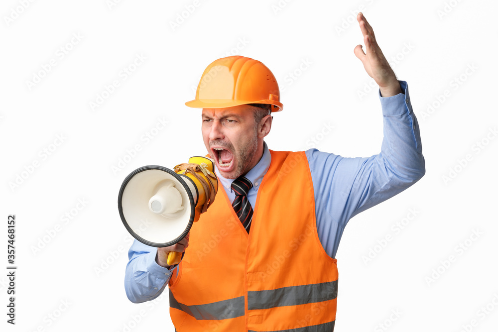 Angry Builder Worker Shouting In Megaphone Standing Over White Background Angry Builder Worker Shouting In Megaphone Standing Over White Background