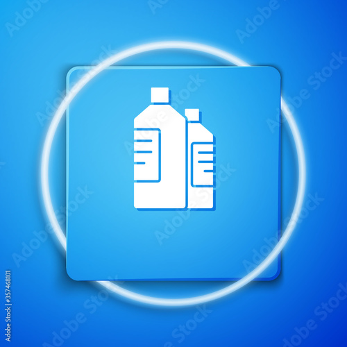 White Plastic bottles for laundry detergent, bleach, dishwashing liquid or another cleaning agent icon isolated on blue background. Blue square button. Vector Illustration