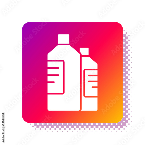 White Plastic bottles for laundry detergent, bleach, dishwashing liquid or another cleaning agent icon isolated on white background. Square color button. Vector Illustration