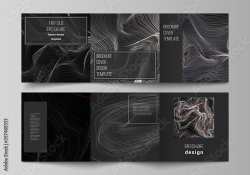 The black colored minimal vector illustration layout. Modern creative covers design templates for trifold square brochure or flyer. 3D grid surface, wavy vector background with ripple effect.