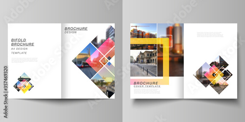 Vector layout of two A4 format modern cover mockups design templates for bifold brochure, magazine, flyer, booklet, annual report. Creative trendy style mockups, blue color trendy design backgrounds.