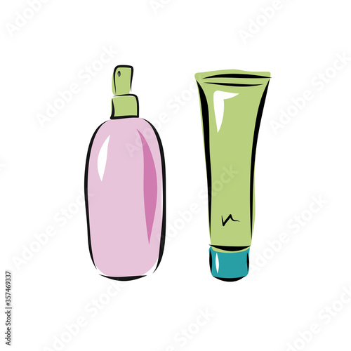 Cosmetic tube bottle container for gel lotion cream,spray. Beauty product package, vector illustration. Hand drawn graphic.