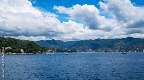 Ligurian sea shore near Portofino. Sunny summer day, Liguria, Italy. Spectacular summer landscape. Colorful seascape of Adriatic sea. Traveling concept background.