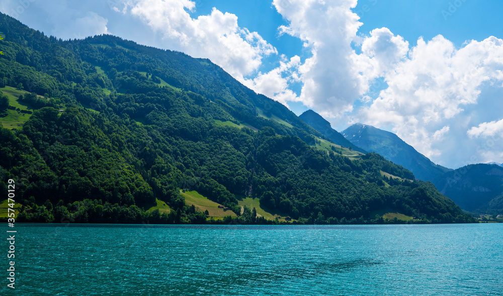 Amazing tourquise Lake Lungern and Swiss Alps, Obwalden, Switzerland, Europe.