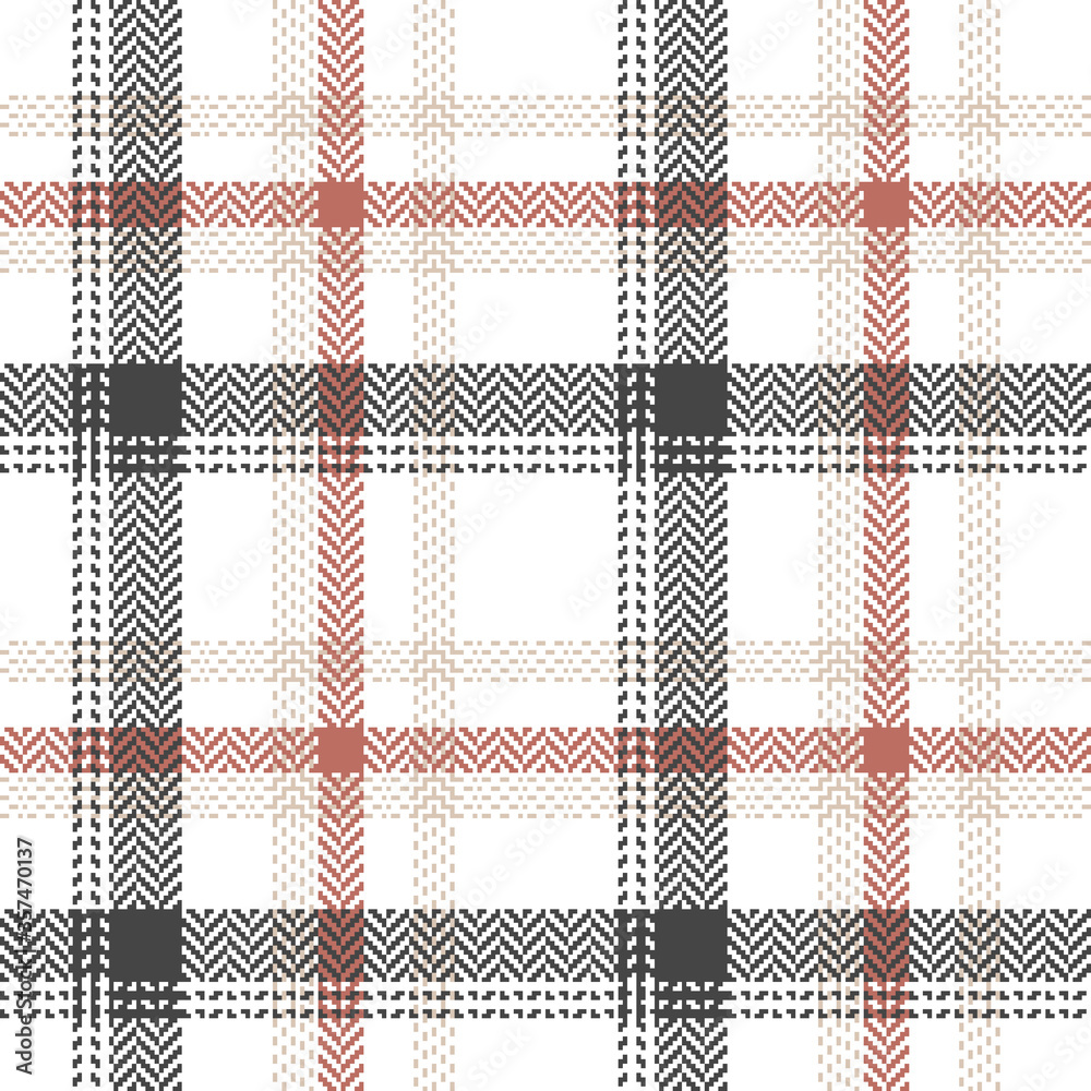 Plaid pattern in grey, coral, beige, white. Textured windowpane herringbone tartan vector graphic for flannel shirt, skirt, jacket, bag, or other modern autumn textile print.