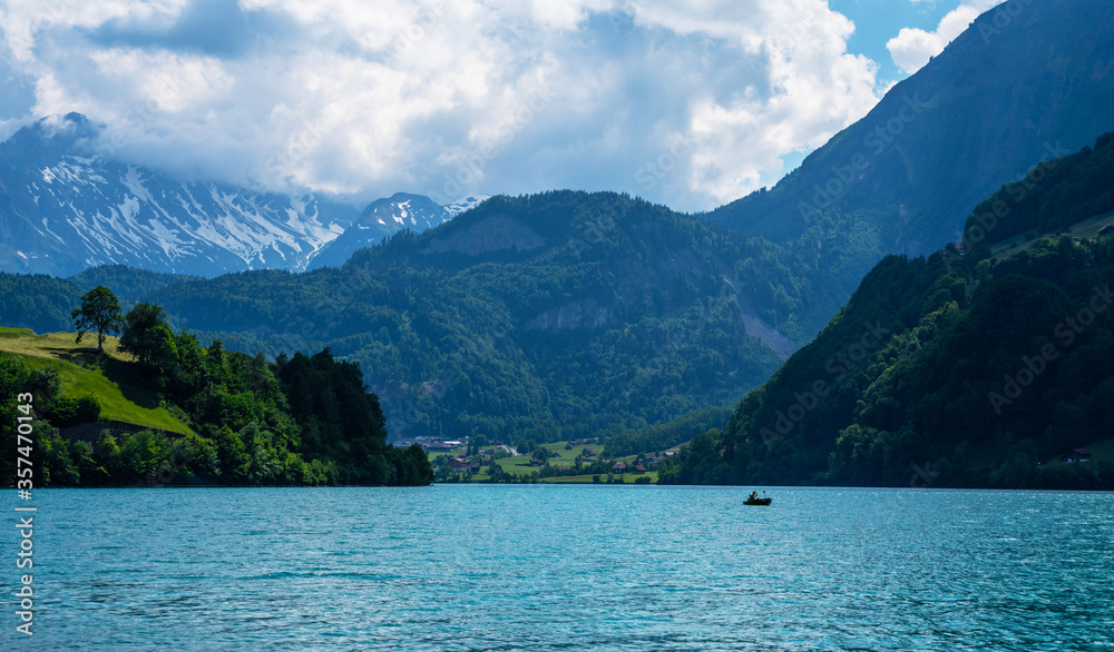 Amazing tourquise Lake Lungern and Swiss Alps, Obwalden, Switzerland, Europe.