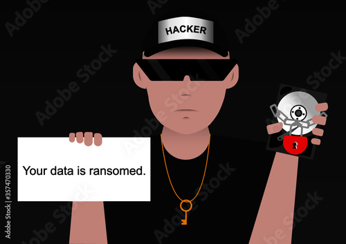 Hacker holds the hard disk locked. Show data ransom notice