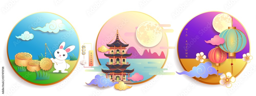 Mid autumn festival / Chinese festival with the moon, moon cake, rabbit, pagoda, cloud, lantern and flowers on white paper. Vector illustration