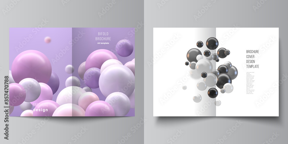 Vector layout of two A4 cover mockup templates for bifold brochure, flyer, magazine, cover design, book design. Abstract vector futuristic background with colorful 3d spheres, glossy bubbles, balls.