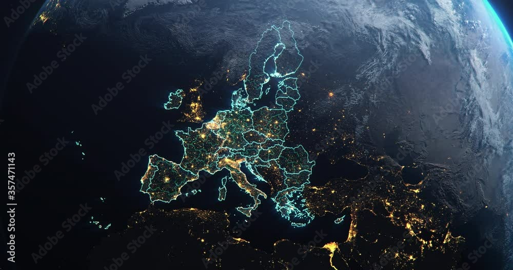 Planet Earth from Space European Union Countries highlighted teal glow, 2020 political borders and counties, city lights, animation 3d illustration, elements of this image courtesy of NASA