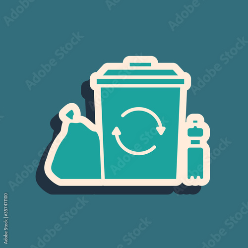 Green Recycle bin with recycle symbol icon isolated on green background. Trash can icon. Garbage bin sign. Recycle basket. Long shadow style. Vector Illustration