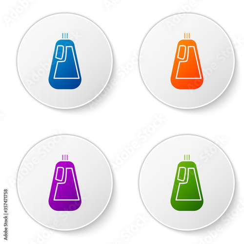 Color Plastic bottle for liquid laundry detergent, bleach, dishwashing liquid icon isolated on white background. Set icons in circle buttons. Vector Illustration