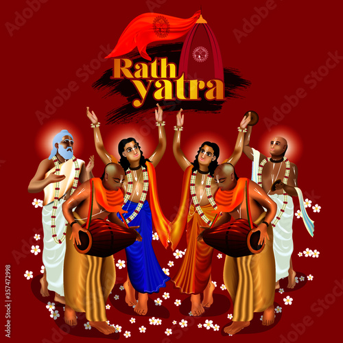 illustration of Chaitanya Mahaprabhu in devotion of Lord Jagannath, Balabhadra and Subhadra for Happy Rath yatra. He promoted the worship of God, in his tradition known by the name Krishna.