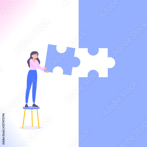 Mission completion or completed task concept. Businesswoman inserting last piece of jigsaw puzzle. Successful work metaphor, vector illustration