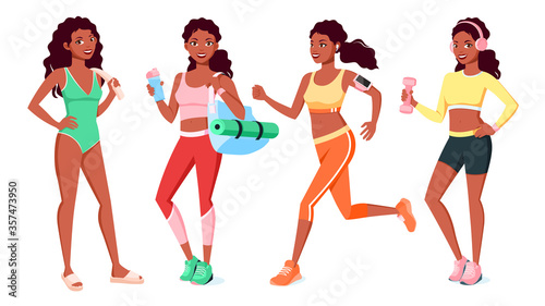 African american sportive girl character. Sport and fitness activity. Swimming, running, yoga, fitness girl.