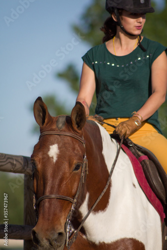 Close up of female rider on palomino mare.