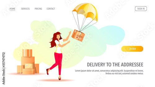 Web page design for Delivery services, Online order, Cargo transportation. Parcel box on parachute and catching woman. Vector illustration for poster, banner, advertising, website.