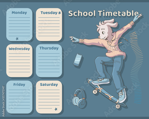 Timetable for school. Weekly planner template with cute cartoon teen dog on a skateboard. Vector illustration. Lessons schedule for boys. Teenager skater boy rides on skateboard.