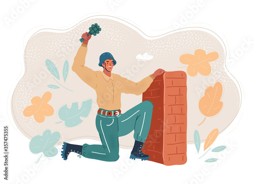 Vector illustration of soldier man on the battlefield. War and conflict concept.